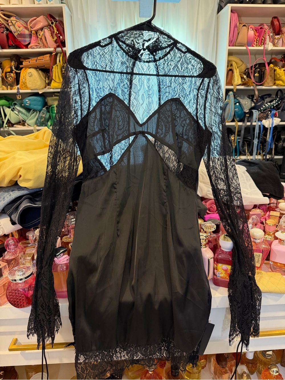 Sheer Lace Black Mini Dress with Long Sleeves